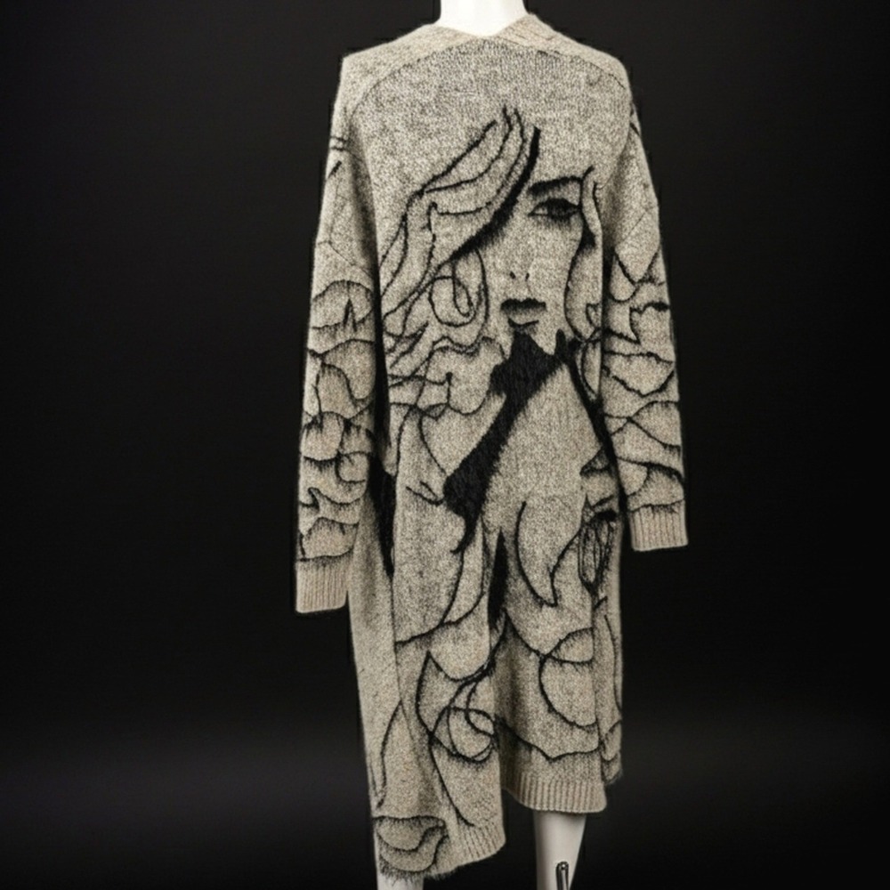 Fuzzy Knit Duster Cardigan Woman Face Graphic Artsy Avant Garde Statement S/M